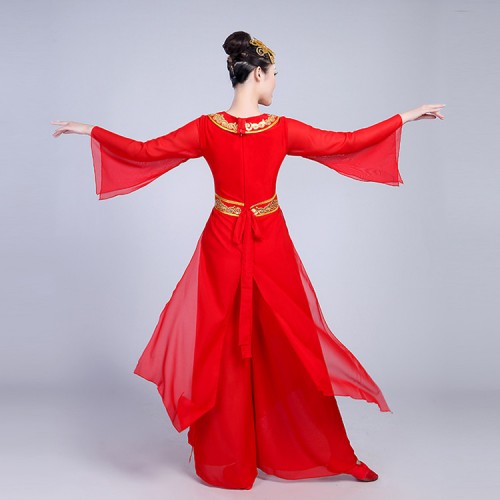 Red Chinese folk dance costumes women's female competition stage performance ancient yangko fan dancing dresses costumes